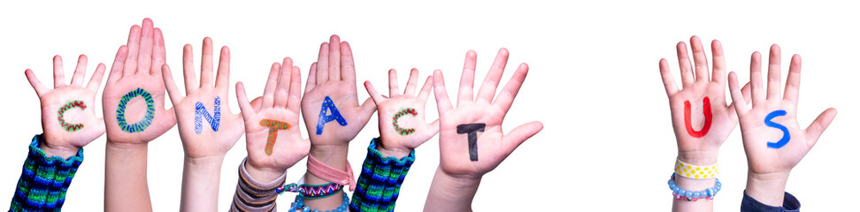 Children Hands Building Colorful Word Contact Us. White Isolated Background