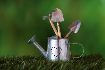 Spring. Time of garden work.Watering can and decorative garden tools on a green blurred background....