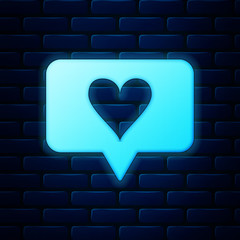 Glowing neon Like and heart icon isolated on brick wall background. Counter Notification Icon. Follower Insta. Vector Illustration