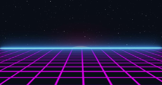 Retro wave 80s, 90s style footage. Camera moving along the neon grid floor. Beautiful Sunset over the horizon. Video game style. Vintage Futurism sci fi geometric 3d Background loop