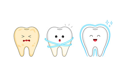 Step of  cleaning tooth character. Care and protection from tooth decay. Dental care concept. Illustration isolated on white background.