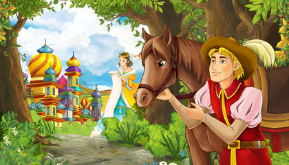 cartoon summer scene with meadow in the forest with beautiful princess girl