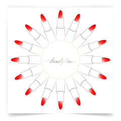 poster with the image of a round frame of lipsticks with lips, logo for cosmetic products or salon