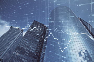 Forex chart on cityscape with skyscrapers wallpaper multi exposure. Financial research concept.