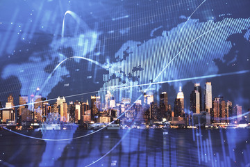 Financial graph on night city scape with tall buildings background double exposure. Analysis concept.