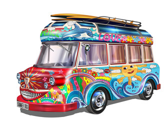 Retro hippie  bus with surf boards
