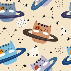 seamless pattern with cat in space, stars, decor elements. Colorful flat style, vector for kids. hand drawing. baby design for fabric, print, nursery wallpaper, textile