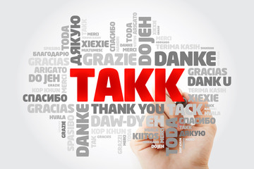 Takk (Thank You in Icelandic) Word Cloud in different languages with marker