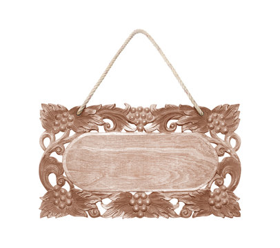 wooden frame carved or sigm frame and rope iaolated on white with clipping path.