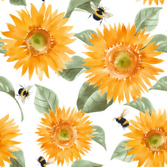 Beautiful vector seamless pattern with watercolor hand drawn sunflowers. Stock summer illustration.