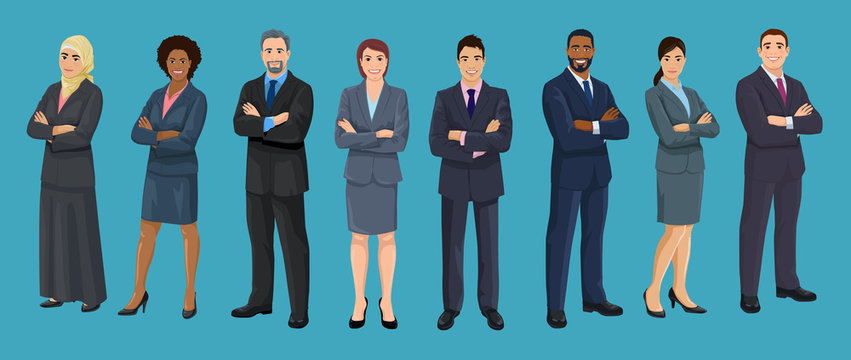 Diversity business people. European, African American, Asian and Arab business men and women are standing crossed arms. Set of isolated vector illustrations