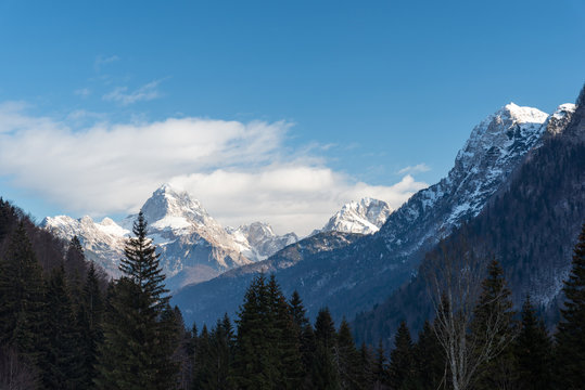 Mount Mangart from the Predil pass in winter clothes. Tarvisio, Italy