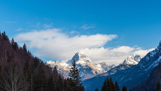 Mount Mangart from the Predil pass in winter clothes. Tarvisio, Italy