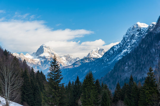Mount Mangart from the Predil pass in winter clothes. Tarvisio, Italy