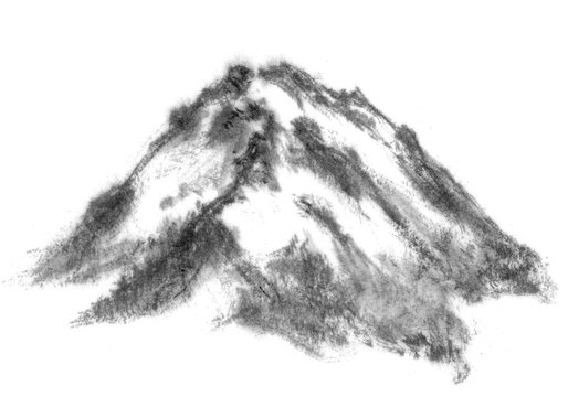Black and white image. Ink Chinese mountain landscape. Mountains in the fog. Trees on the mountain. Ink image. Pines. Hill, mountain, peak, volcano