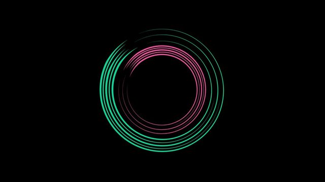 Colored graphic object that rotates clockwise in the center, varying in size, on a background with a hypnotic, psychedelic and stroboscopic effect, in 16: 9 video format.
