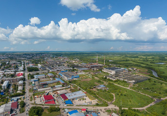 Aerial view of Irbit city and Irbit motorcycle factory. Russia, Sverdlovsk region, summer, sunny day