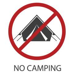 No camping icon. Forbidding sign in a simple flat style. Crossed out red circle. Tent for outdoor recreation. Vector illustration for design and web isolated on white background.