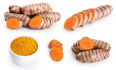 Turmeric root and bowl with turmeric powder isolated on white background.