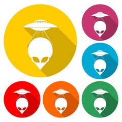 UFO flying spaceship and alien icon isolated with long shadow