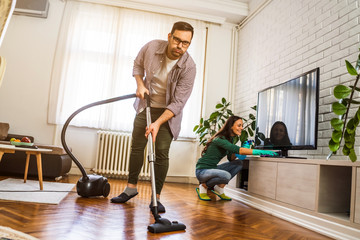 Husband is bored, he doesn't like cleaning.