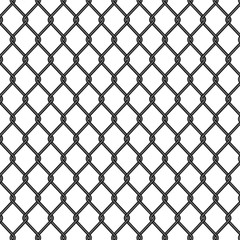Fototapeta premium Chain link, fence pattern. Seamless fence, metal cage, black iron mesh. Chainlink wire of prison. Net for soccer on isolated background. Seamless jail grid. vector illustration