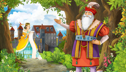 cartoon summer scene with meadow in the forest with beautiful princess girl romantic © honeyflavour