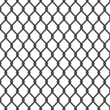 Chain link, fence pattern. Seamless fence, metal cage, black iron mesh. Chainlink wire of prison. Net for soccer on isolated background. Seamless jail grid. vector illustration