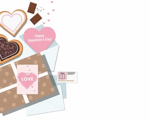Valentine's day composition. Valentine card, cookies, gift box and chocolate on white. Top view.