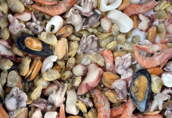 Mixed of frozen shelled seafood in a shelf of a fish market. 