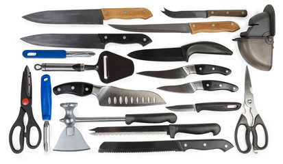 Kitchen knives for different purposes, peelers, ax, scissors, knife sharpener