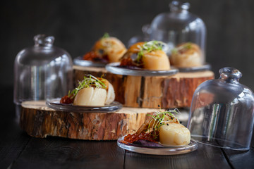 fried scallop with red caviar and onion microgreen