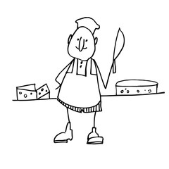 a cheerful cheese Seller stands at the counter with a knife. Cartoon character, Stick figure, Doodle illustration. vector