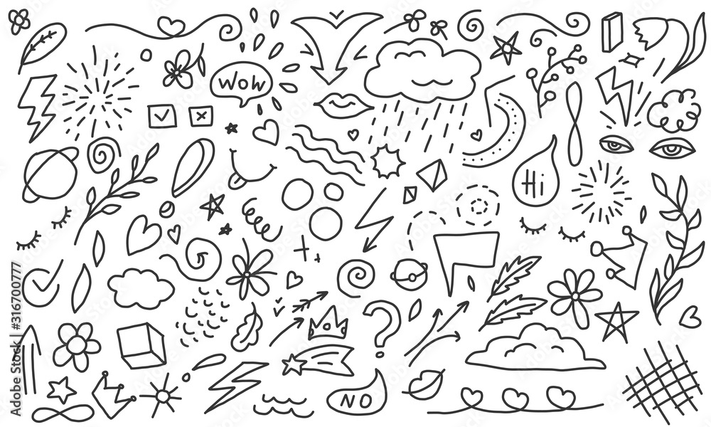 Wall mural doodle background. hand drawn elements: arrow, heart, love, star, leaf, sun, cloud, flower, planet, 