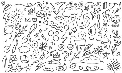 Doodle background. Hand drawn elements: arrow, heart, love, star, leaf, sun, cloud, flower, planet, crown etc