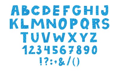 Doodle font with simple lines decor. Blue hand drawn english letters and numbers