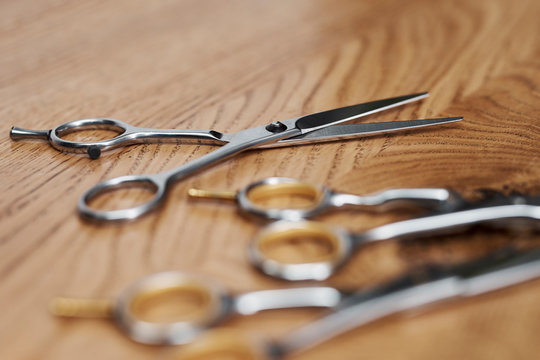 Close up of professional scissors in hair salon