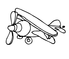 Cute fabulous airplane with outlined for coloring book isolated on a white background. Vector illustration of hand drawn black and white airplanes.