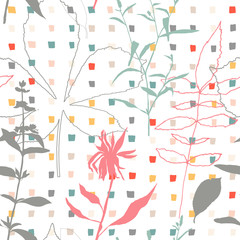 Wild flowers, herbs and leaves vector seamless pattern. Hand drawn florals on abstract background with geometric shapes.