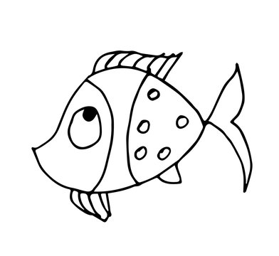 Cute fabulous fish with outlined for coloring book isolated on a white background. Vector illustration of hand drawn black and white fishes.