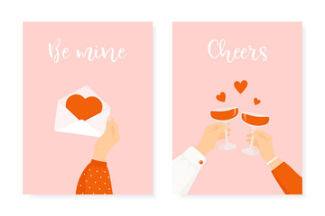 Set of two Happy St. Valentine's day posters. Romantic greeting cards for 14 February celebration. Man and woman holding wine glasses. Woman hand holding love letter.