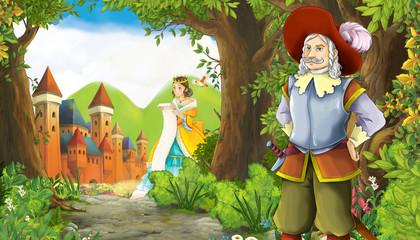 Obraz na płótnie Canvas cartoon summer scene with meadow in the forest with beautiful princess girl romantic