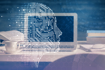 Double exposure of table with computer and brain hologram. Data innovation concept.