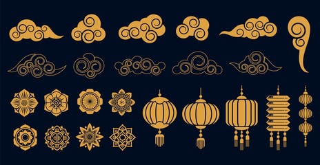 Oriental elements. Asian gold traditional decoration, chinese and japanese, korean art objects. Golden clouds and plant, flowers and laterns vector collection. Illustration asian traditional pattern