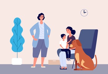 Pet therapy. Animal physical therapists, pets children rehabilitation. Kid with mother, dog and dog handler vector illustration. Pet dog and child boy, medical assistance therapy