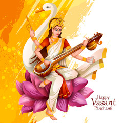 easy to edit vector illustration of Goddess Saraswati for Vasant Panchami Puja of India
