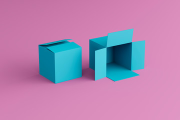 open and closed box on a pink background, two boxes, place for text, place for logo, wallpaper