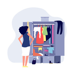Opened wardrobe. Girl stand front closet. Stack clothes on floor, fashion problems and chaos. Organisation dressing vector illustration. Wardrobe with clothes, dress and clothing in open closet