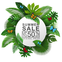 Round sign with Tropical Leaves and Summer Sale text . Suitable for promotion, advertising, and summer holiday. Vector Illustration