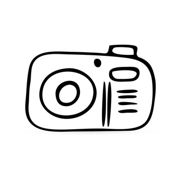Cketch photo camera icon isolated on whire. Photography kids hand drawind art line. Symbol for website design, web button, mobile app. Sticker. Outline vector stock illustration